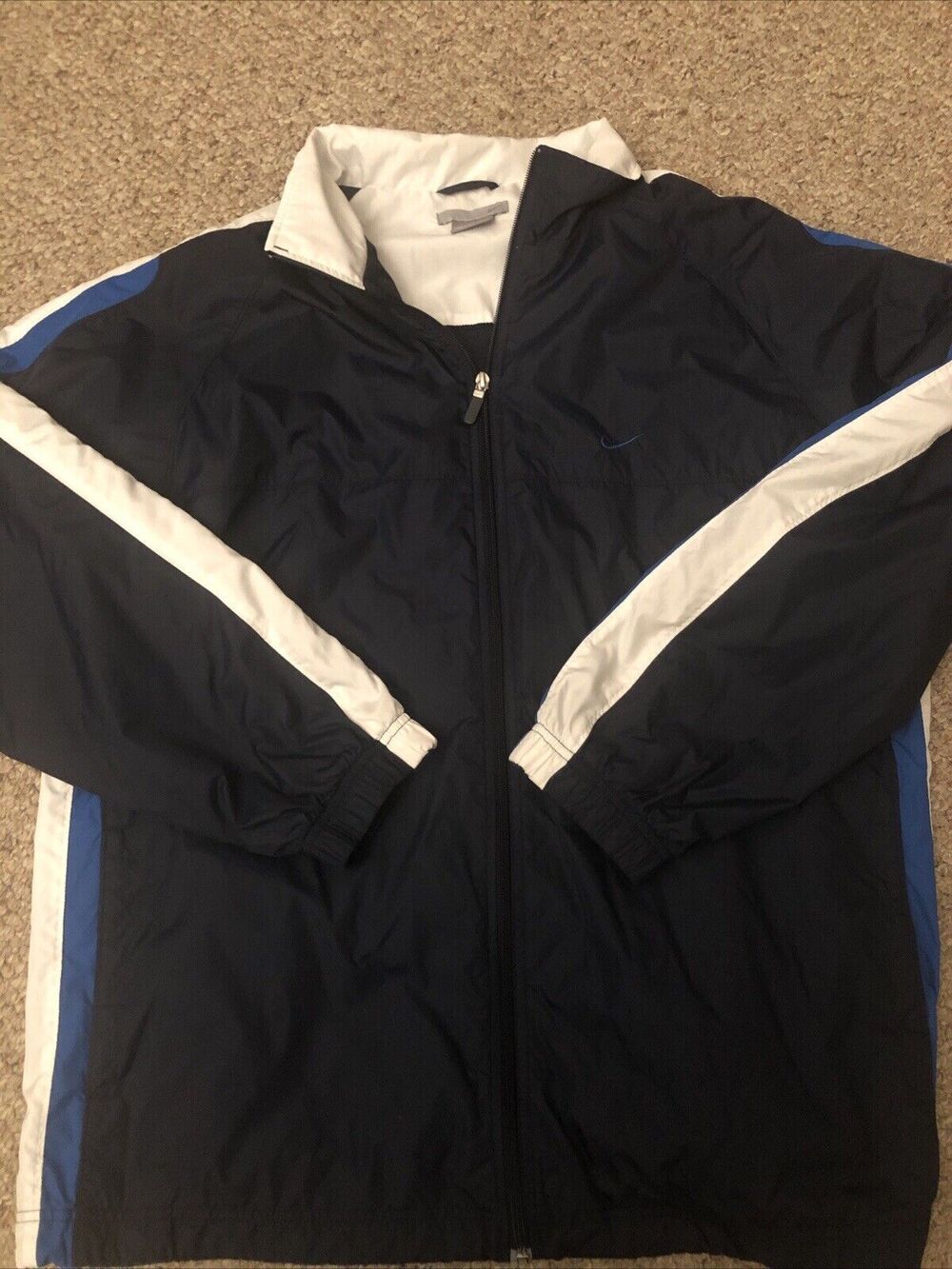 Vtg Nike Windbreaker Men's XL Blue White Full Zip Hoodie Jacket Swoosh Loose Fit